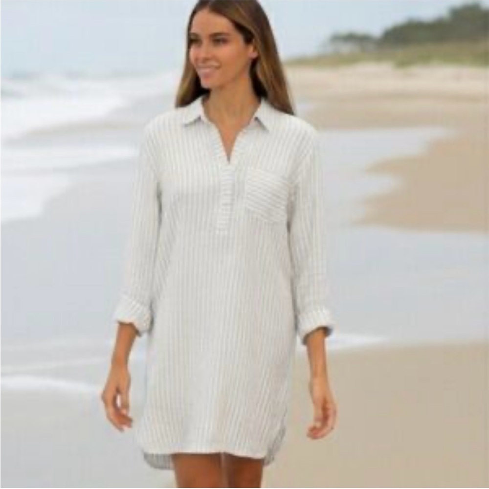 Light Beige Striped Shirt Dress - Casual Beach Tunic